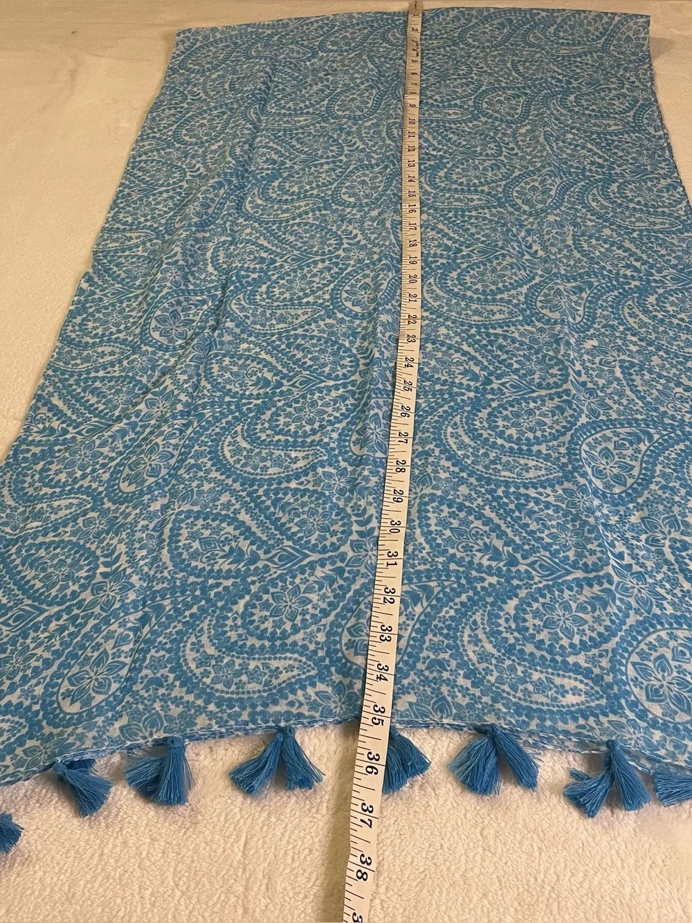 Sheer Blue and White Paisley Print Fashion Scarf with Tassels